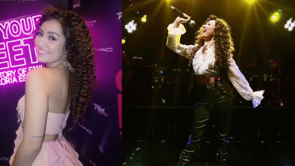 Split image of a woman portraying Gloria Estefan: on the left, she smiles over her shoulder at the On Your Feet! opening-night backdrop in a pale pink dress; on the right, she performs onstage under golden lights, holding a microphone aloft in a white blouse, brown vest, and black pants.